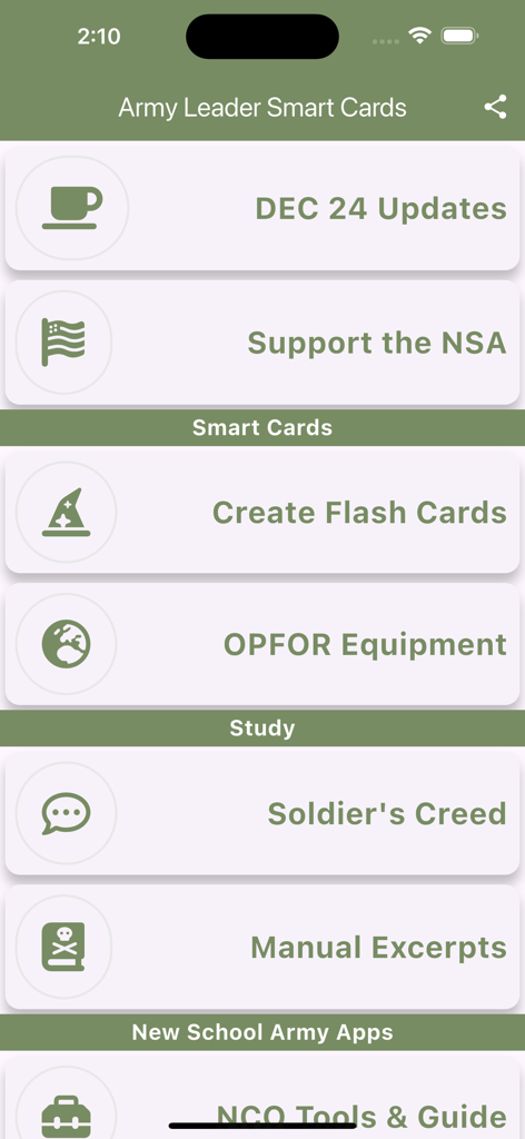 Army Leader Smart Cards - Main menu interface of the Army Leader Smart Cards app showing flashcards and study materials.