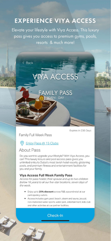 Viya - Viya app interface displaying details for a seven-day luxury family pass for premium gyms and pools in Dubai.