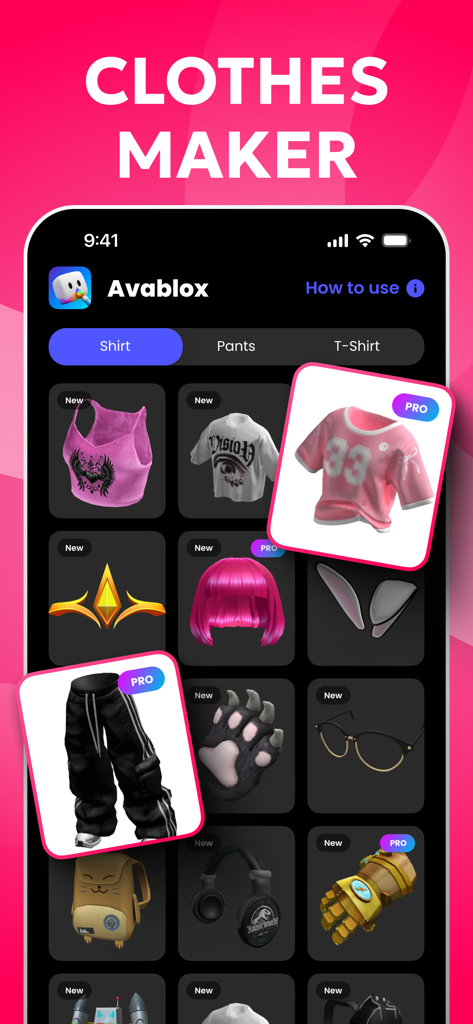 Skin Creator & Editor: Avablox - Avablox app interface displaying a catalog of avatar clothing templates including shirts, pants, and accessories