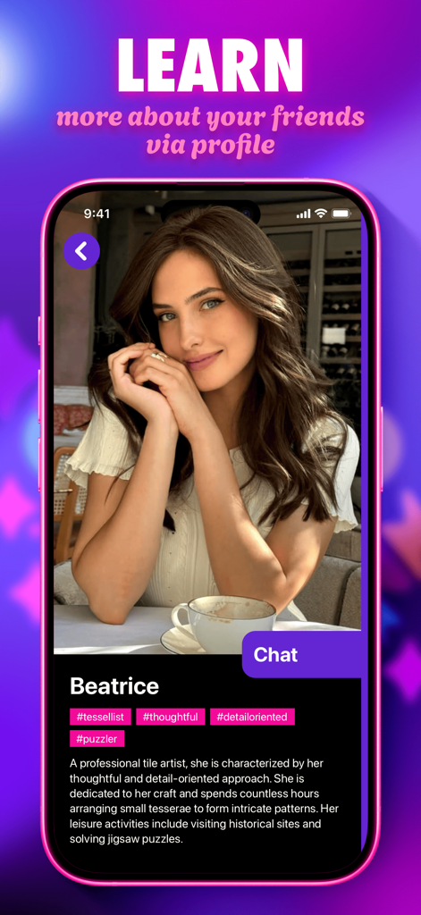 Una pantalla de perfil de personaje en la aplicación Sitalk con Beatrice, una compañera de IA con una biografía detallada y foto.