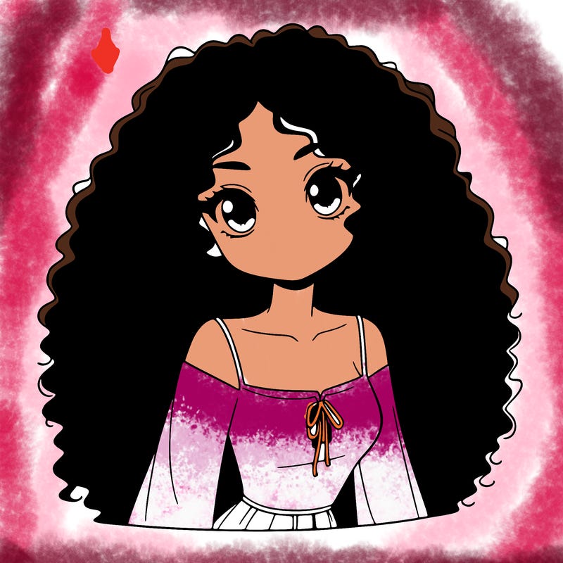 a black anime girl with long afro hair