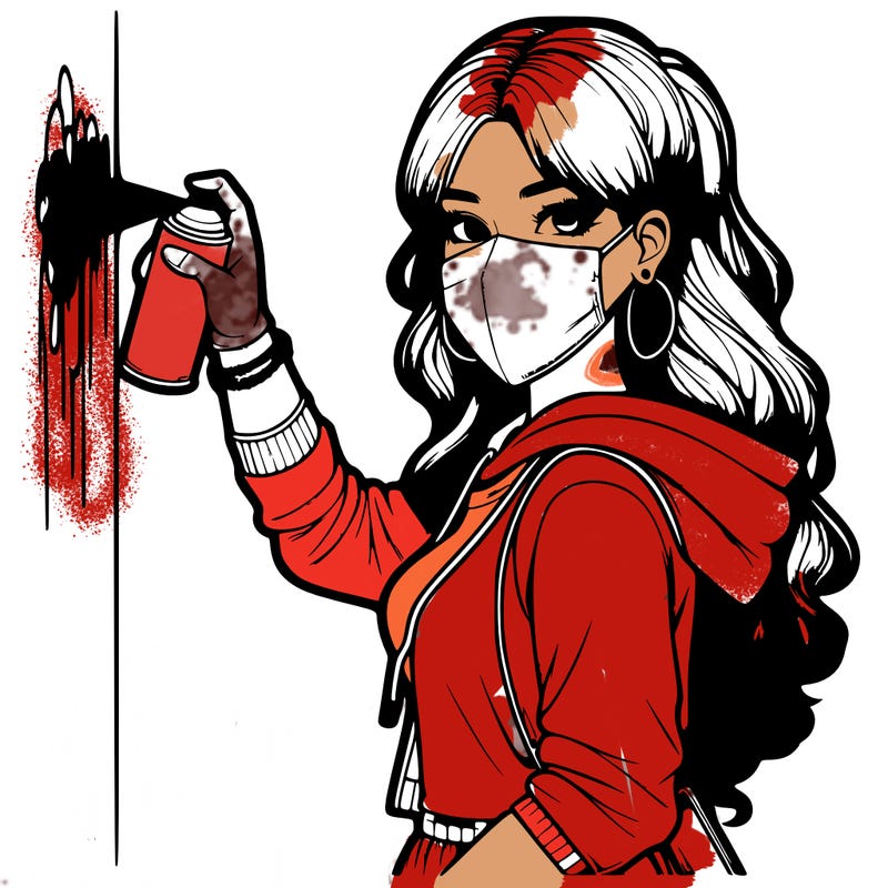 realistic girl with mask spray painting a wall