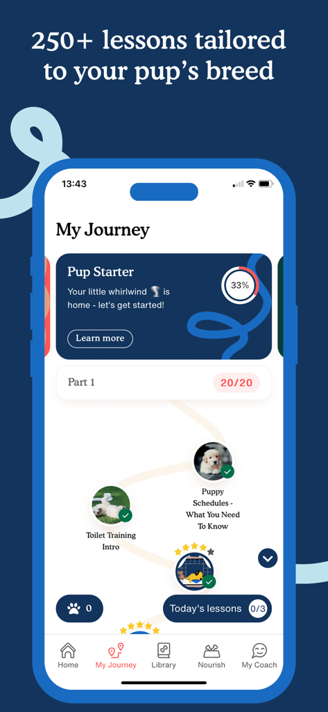Zigzag - Dog & Puppy Training - Interface showing the Zigzag app tailored training journey with lessons for potty training and puppy schedules