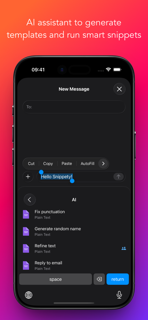 Snippety - Snippets Manager - Teclado Snippety no iPhone exibindo opções do assistente de IA como corrigir pontuação e refinar texto