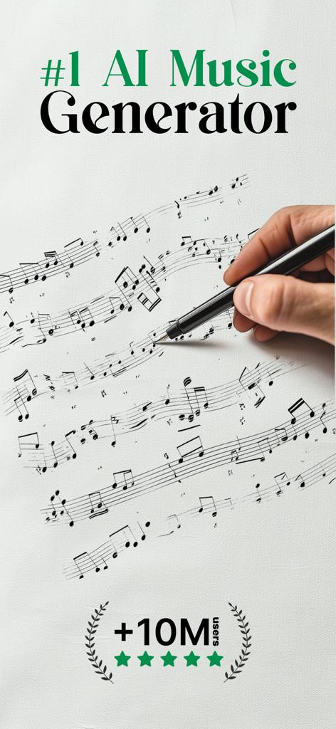 Promotional screen for Sonu AI Music Generator showing a hand writing musical notes with high user ratings