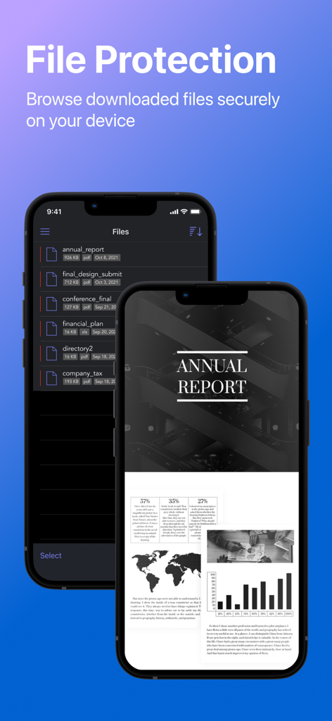 Funzione di protezione dei file di Private Browser Deluxe che mostra un elenco sicuro di documenti scaricati e un visualizzatore PDF su iPhone.