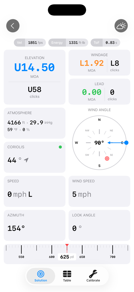 A mobile interface for Shooter Ballistic Calculator showing elevation, windage, and environmental data for a precision shot at 625 yards.