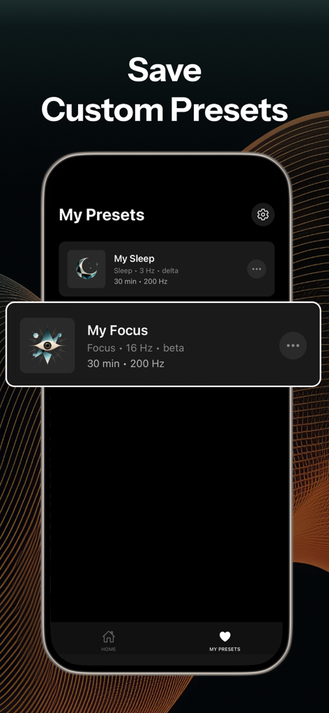 Interfaz de la aplicación Binaura que muestra ajustes preestablecidos de audio personalizados guardados para el sueño y el enfoque