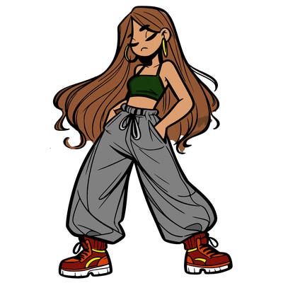 girl in baggy pants crop top and long hair