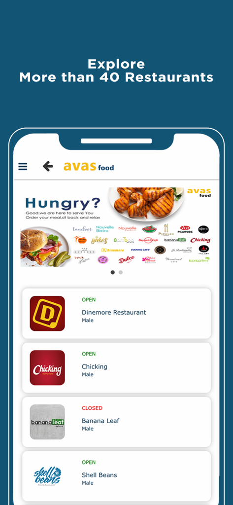 AVAS Food app interface showing a list of available restaurants for delivery