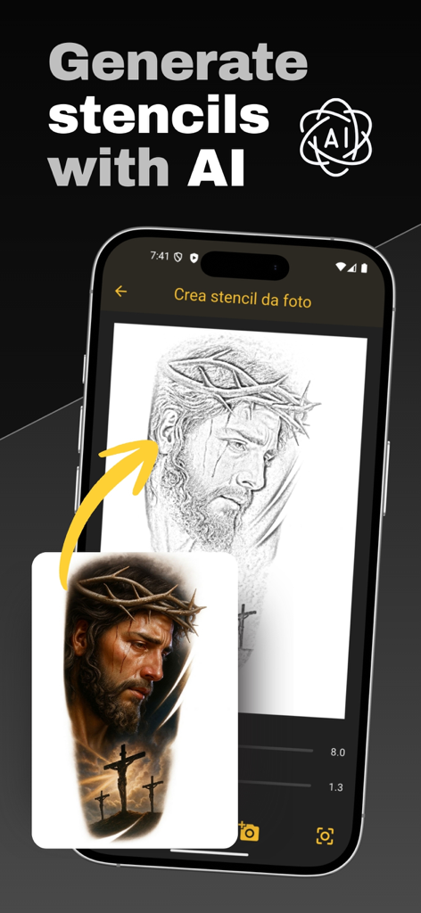 Smartphone screen showing AI stencil generation from a photo in the STUDIO Artist tattoo app