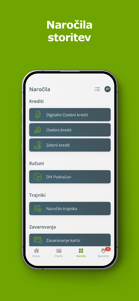 DH Mobilni - Interfaccia dell'app DH Mobilni che mostra i menu per prestiti personali, conti e servizi assicurativi.