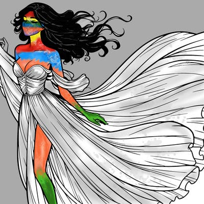 realistic woman in dress flowing the the wind