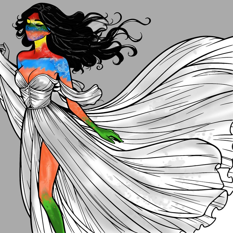 realistic woman in dress flowing the the wind