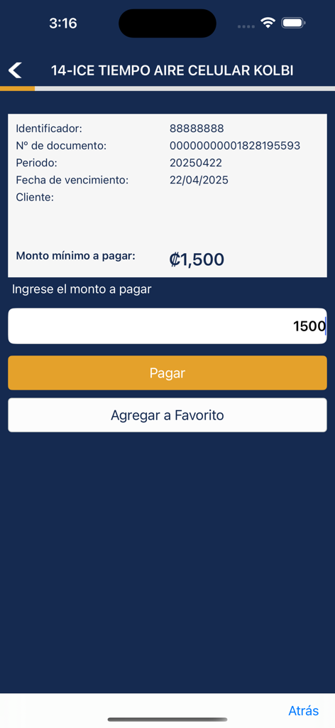 QPago - QPago app screen showing a service payment form for Kolbi mobile airtime in Costa Rica