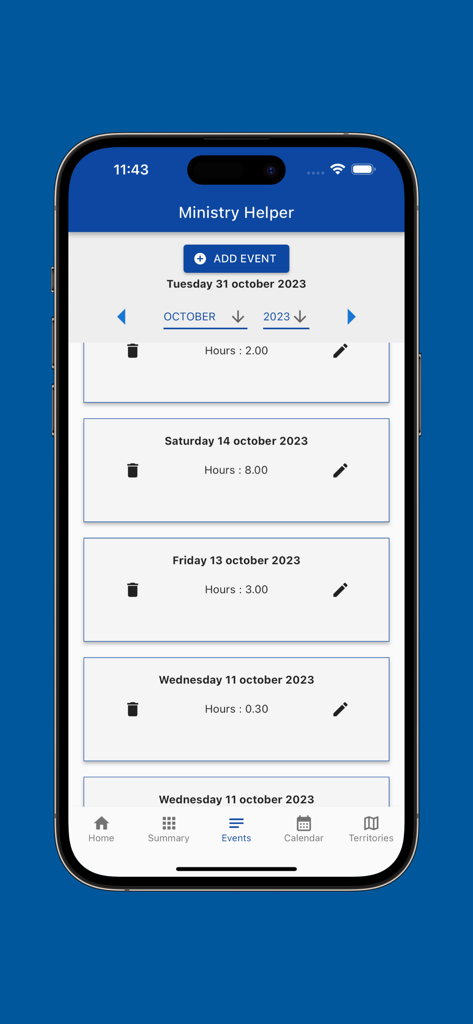 Aplicativo Ministry Helper mostrando uma lista de horas de serviço registradas com datas e horários