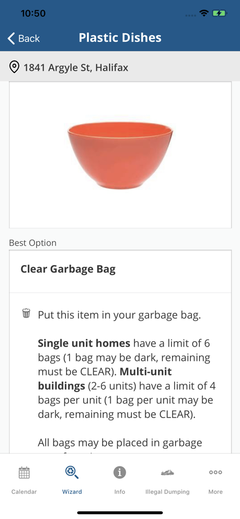 Halifax Recycles app Waste Wizard screen showing disposal instructions for plastic dishes