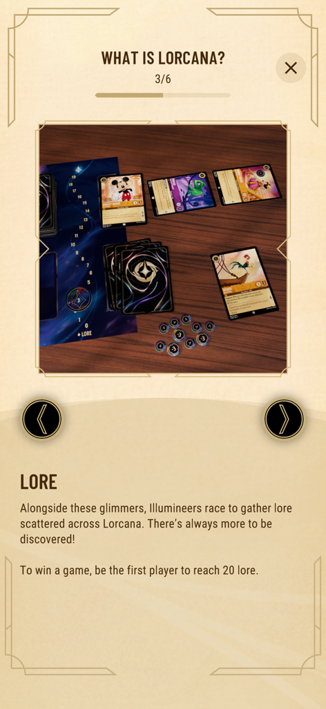 A guide screen in the Disney Lorcana app explaining how to win the game by collecting 20 lore.
