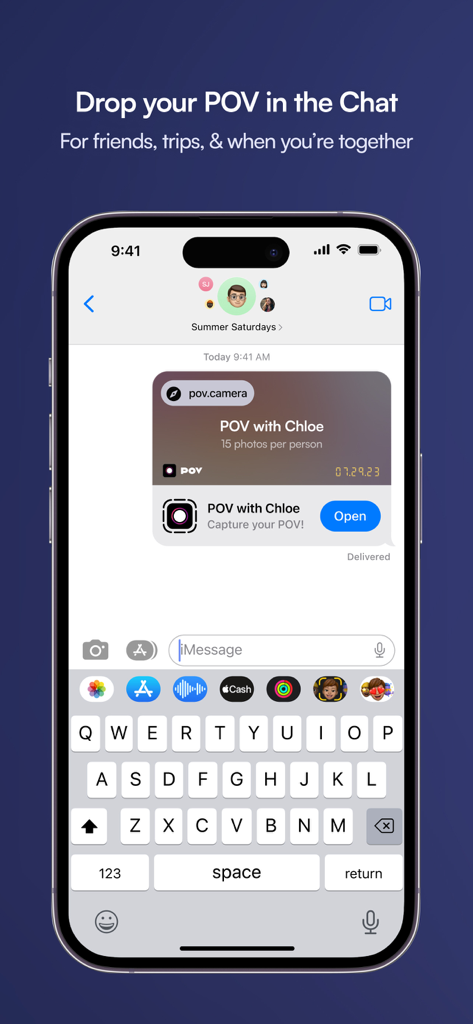 iPhone screen showing a POV event invite shared in a text message conversation