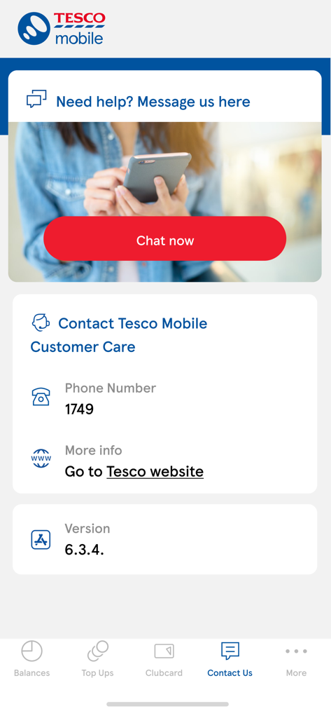 My Tesco Mobile - Tela de Contato do aplicativo My Tesco Mobile mostrando opções de atendimento ao cliente.