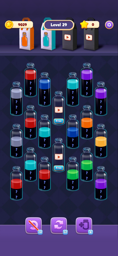 A water sorting puzzle level in Water Match featuring glass bottles with colorful liquids and hidden mystery layers