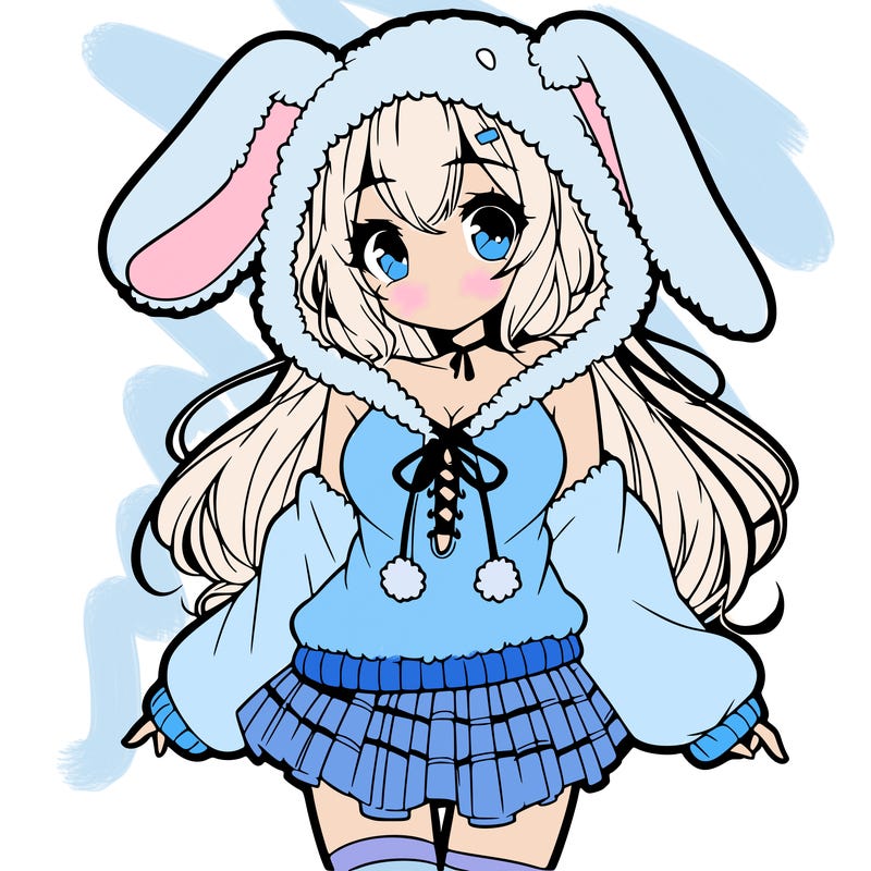 pretty anime girl wearing a fluffy hoodie with bunny ears on the hood and a skirt