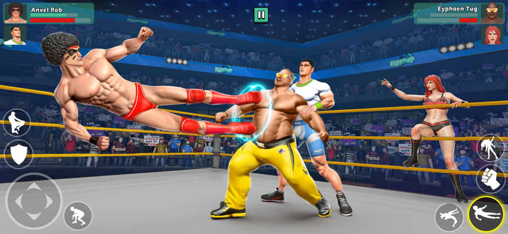 Wrestling Games : Pro Champion - Gameplay of Wrestling Games Pro Champion showing a wrestler performing a mid air dropkick in the ring