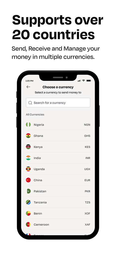 LemFi app interface showing a list of supported countries and currencies for international money transfers