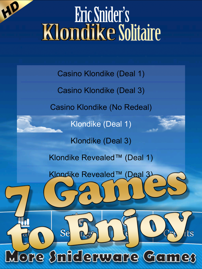 Menú principal de Klondike Solitaire de Eric Snider que muestra siete variaciones de juego diferentes y opciones de reparto.