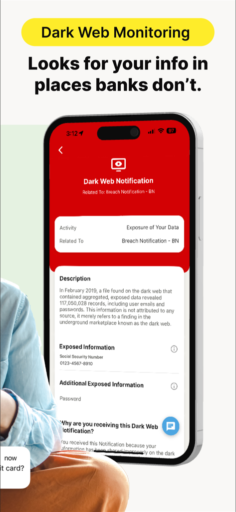 A mobile screen showing a LifeLock dark web notification about exposed personal data and social security number.