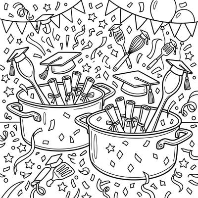 Get ready to celebrate a delicious achievement with this one-of-a-kind graduation coloring page! Featuring roasting pans filled with diplomas and kitchen tools donned in graduation caps, it's a perfect blend of culinary and academic joy.