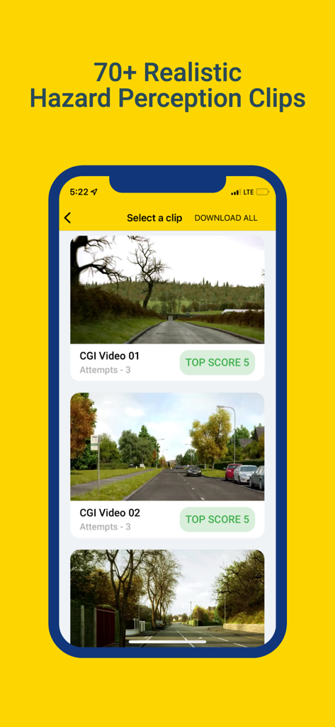 Theory Test Pro - Theory Test Pro app showing a menu of realistic hazard perception clips for UK driving test practice.