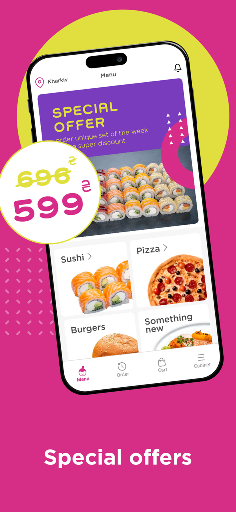 Yapiko - Interfaz de la app Yapiko mostrando categorías de menú de sushi, pizza y hamburguesas con ofertas especiales