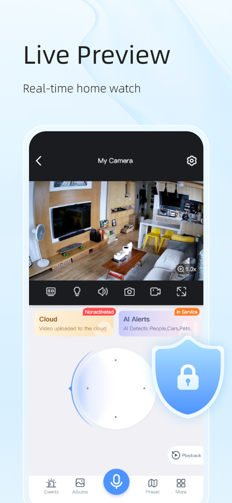 EseeCloud(IP Pro, VR Cam) - Interfaz de la aplicación EseeCloud que muestra una transmisión en vivo de una cámara de seguridad de una sala de estar con controles PTZ y notificaciones de alerta de IA.