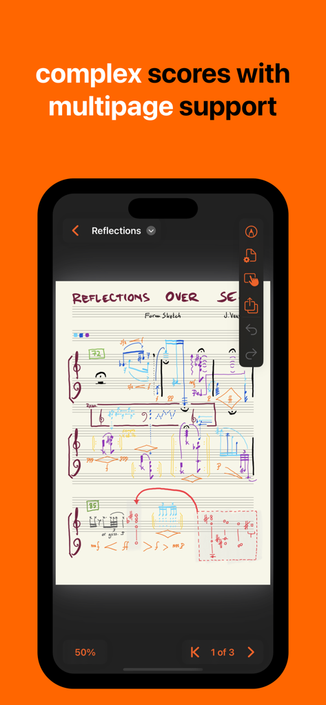 MusicPad - Una partitura musical escrita a mano compleja en la aplicación MusicPad destacando el soporte multipágina