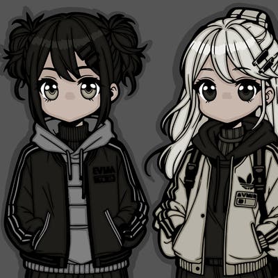 two anime girls wearing streetwear