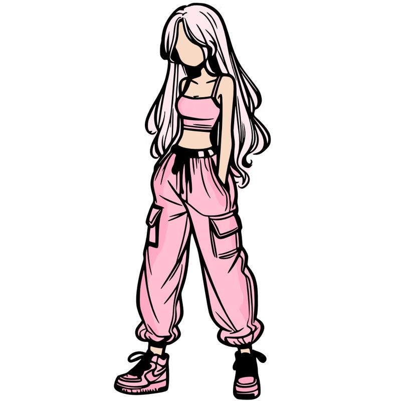 girl in baggy pants crop top and long hair