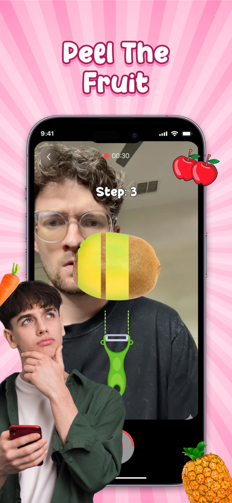 Smartphone screen showing the Peel The Fruit challenge filter with a kiwi and a virtual peeler