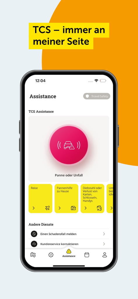 Interfaz de la aplicación TCS que muestra la pantalla de asistencia con un gran botón rojo de emergencia para averías de vehículos y accidentes.