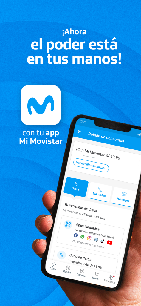A hand holding a smartphone displaying the consumption details screen of the Mi Movistar Peru app including data and plan information