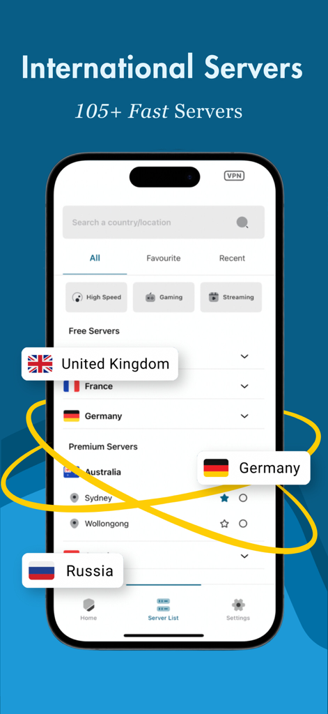 Interfaz de la aplicación VPN One Click que muestra una lista de ubicaciones de servidores internacionales
