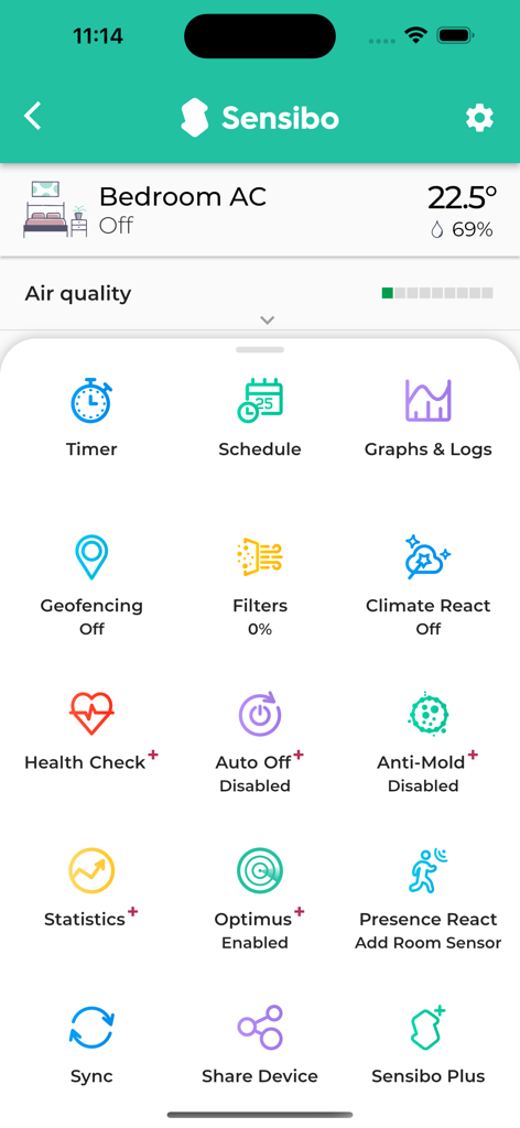 Sensibo - Sensibo app main screen showing air conditioner controls and smart features like schedules, geofencing, and air quality monitoring