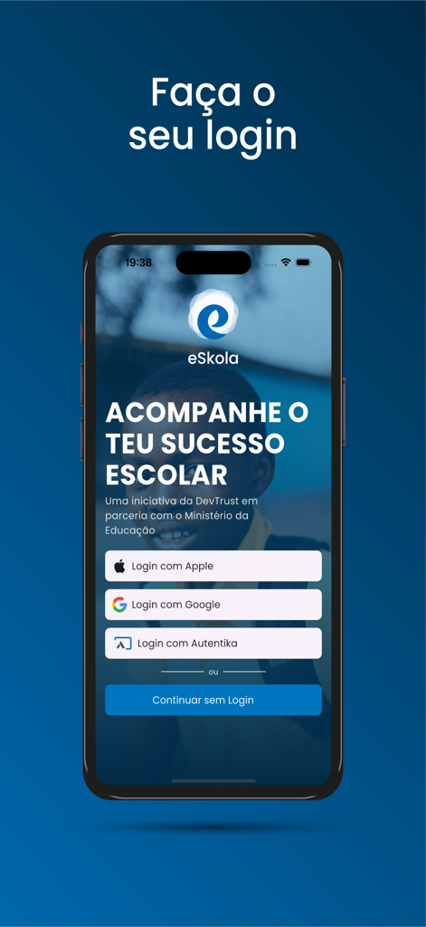 eSkola - eSkola モバイル アプリのログイン画面。生徒の背景画像の上に、Apple、Google、Autentika のサインイン オプションが表示されます。