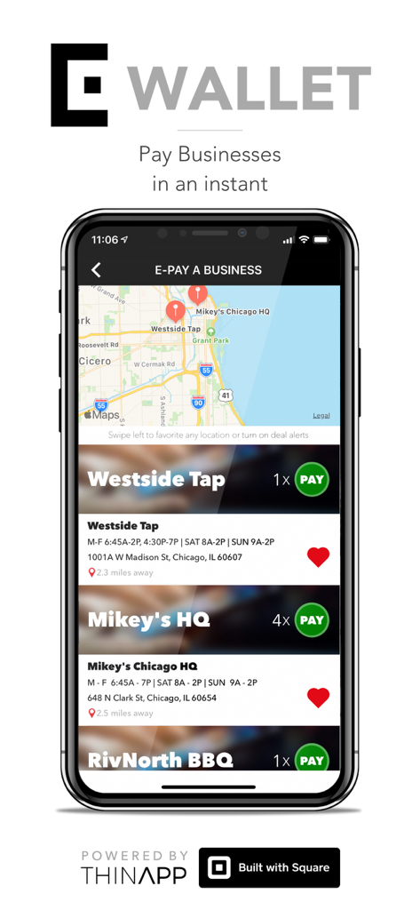 E-Wallet - Digital Cash - Mobile interface of E-Wallet app displaying a map and local business payment options.