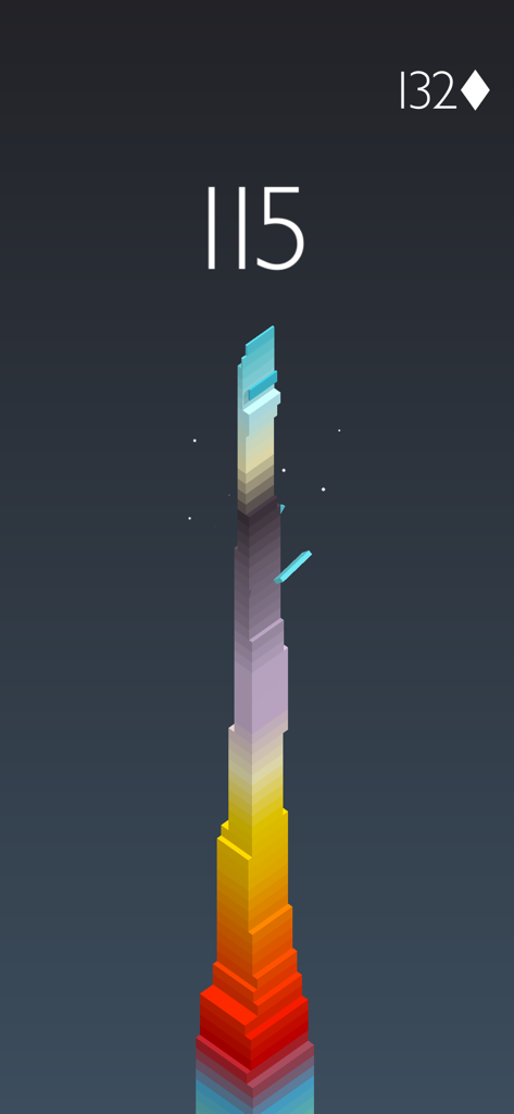 A tall tower of colorful blocks in the Stack mobile game