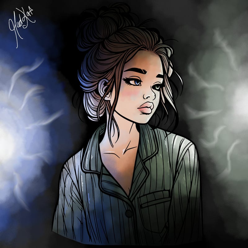 realistic woman with pajamas on and a messy bun