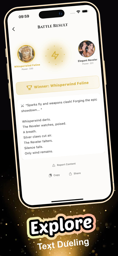 Tidal - Fun Game - Una pantalla de resultados de batalla de Tidal que muestra un resumen de duelo de IA basado en texto
