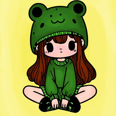 a girl wearing a frog hat and some frog socks