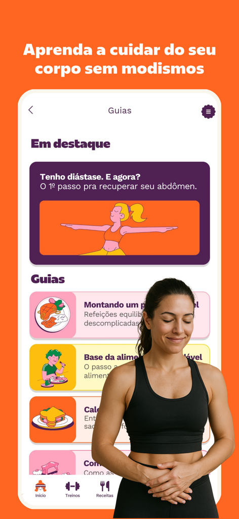 Superela: Exercícios, Receitas - Interface of the Superela app showing wellness guides for women and a woman in athletic wear