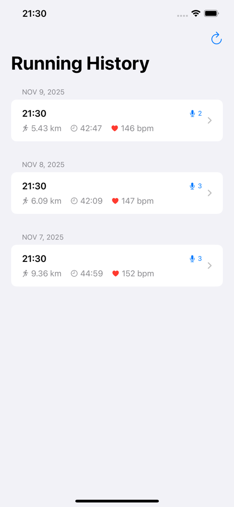 Running history log in the ThoughtRun app displaying workout statistics and the number of recorded voice memos for each session.